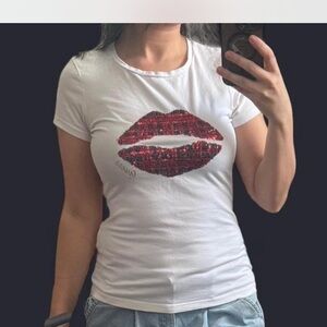 Guess White Baby Tee with Red Sequin Lips Design